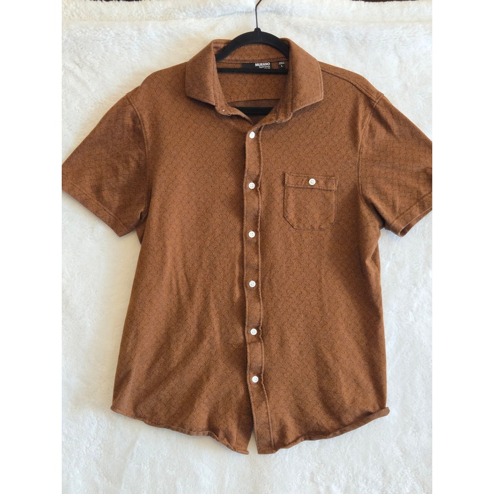 Murano Liquid Luxury Slim Fit Shirt Mens‎ L Brown Textured Short Sleeve Button
